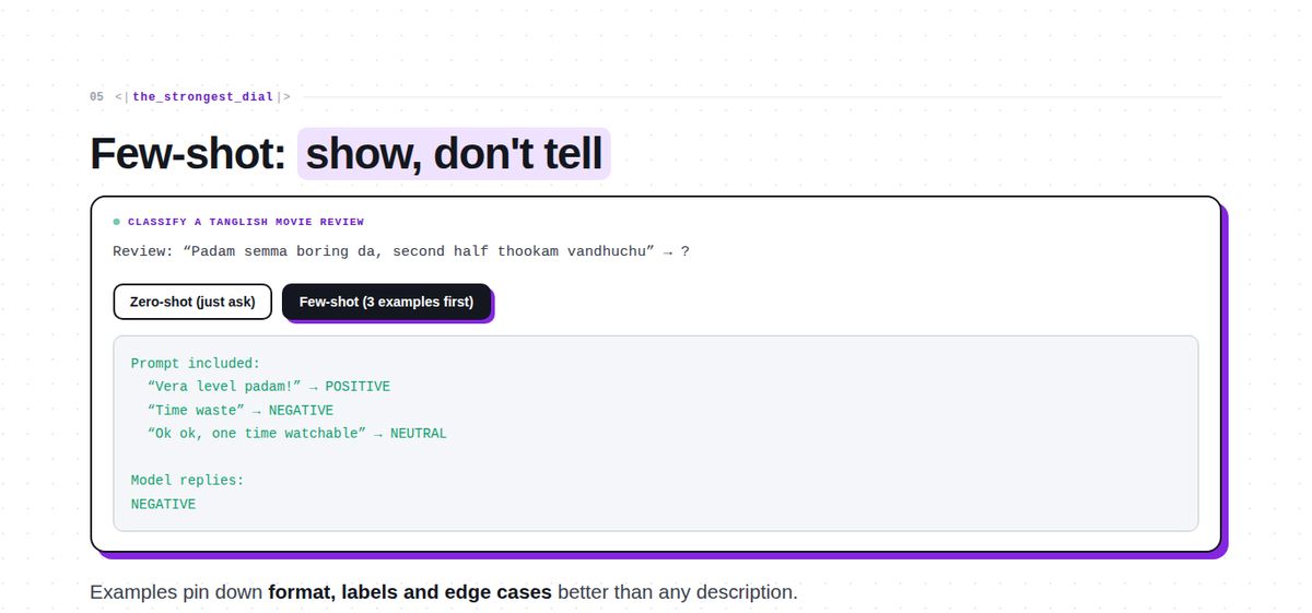 Session 2 slide: a few-shot prompt with worked examples next to the model's output