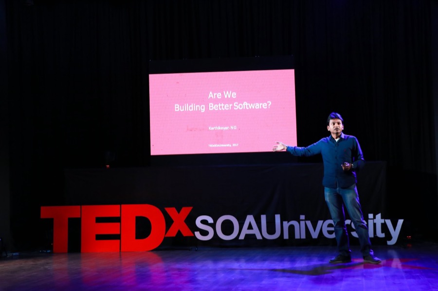 Karthikeyan NG speaking at TEDx SOA University