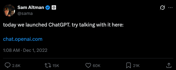 Sam Altman announcing ChatGPT, November 30, 2022