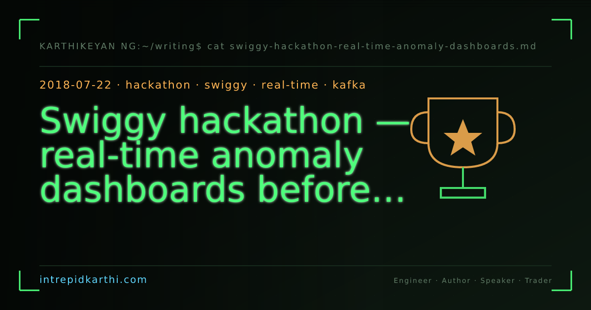 Swiggy hackathon — real-time anomaly dashboards before they were standard — banner